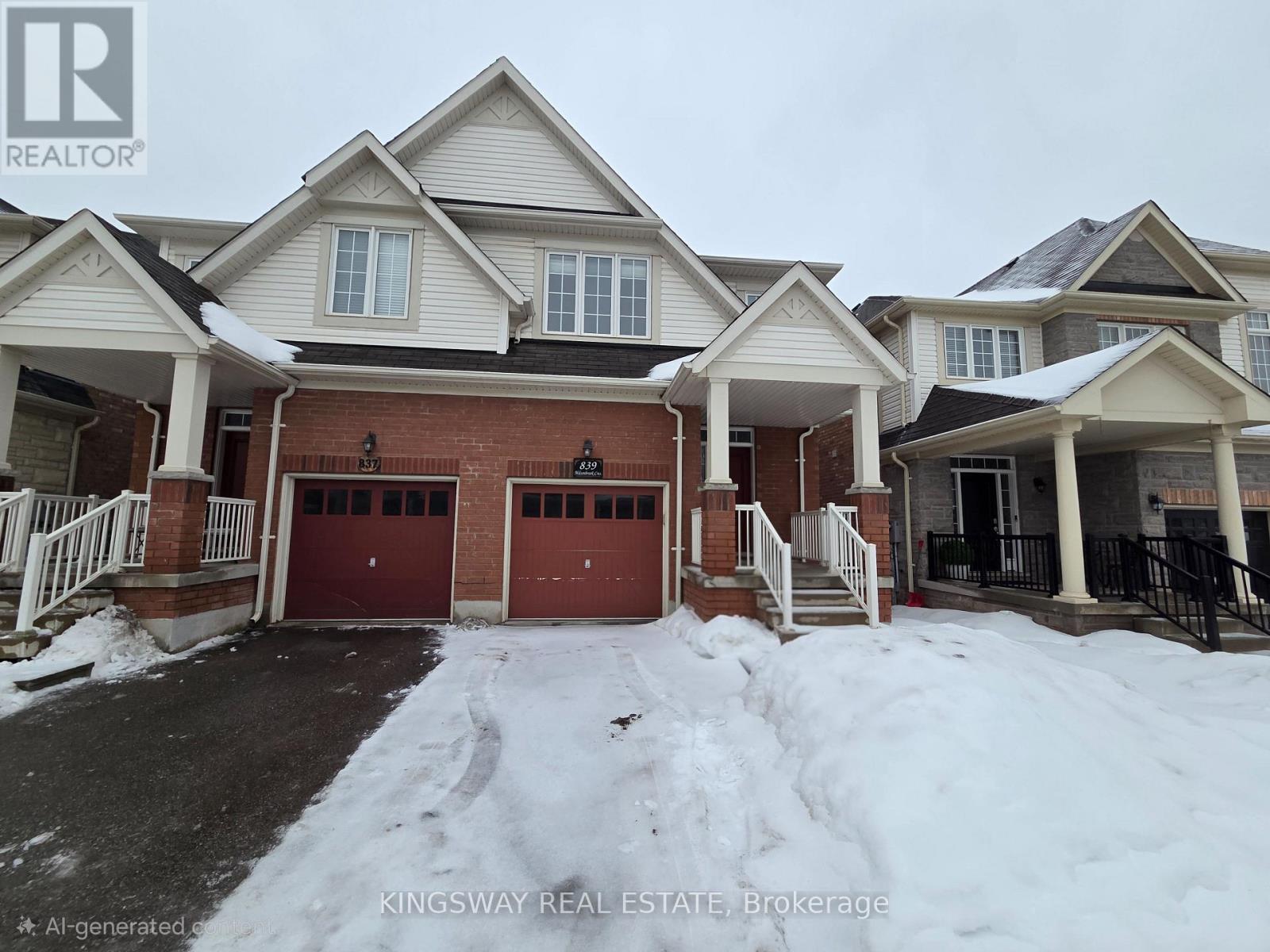 A house with a red garage door is surrounded by snow.