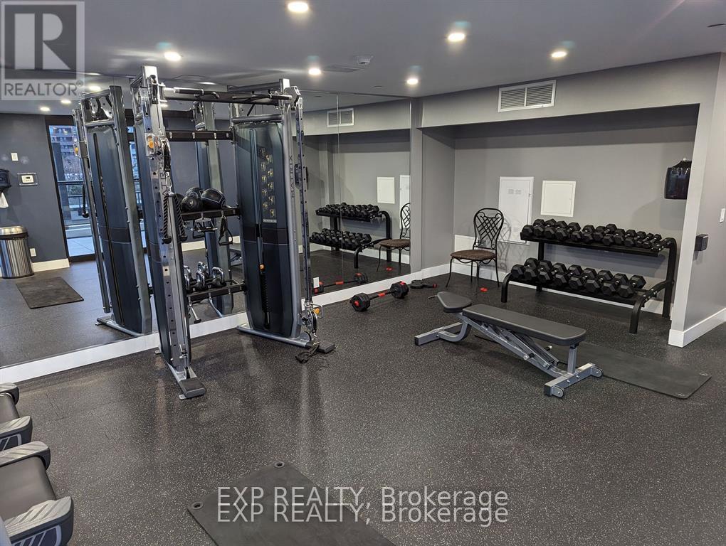 A gym with a variety of equipment including a squat rack, bench, and weights.