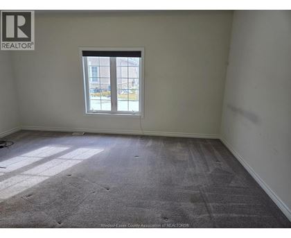 A room with a carpeted floor and a window showing a view of a building outside.