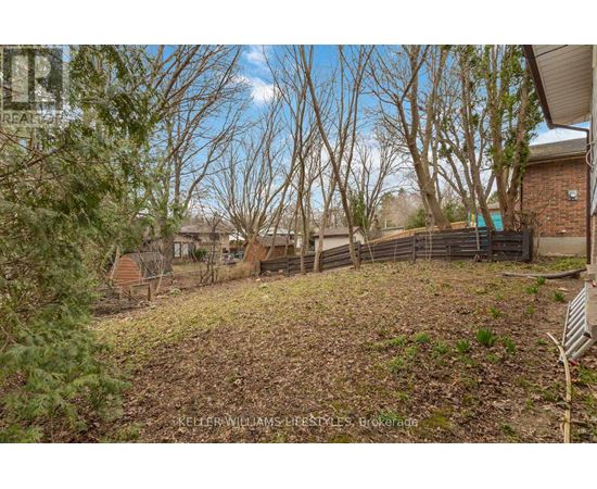 A backyard with a fence and trees.