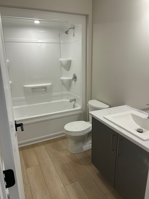A white toilet sits next to a bathtub in a bathroom.