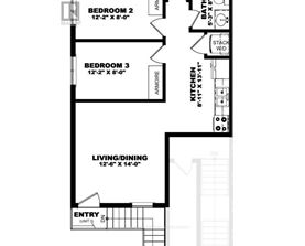 A floor plan of a house with a master bedroom, two additional bedrooms, a living/dining area, and a kitchen.