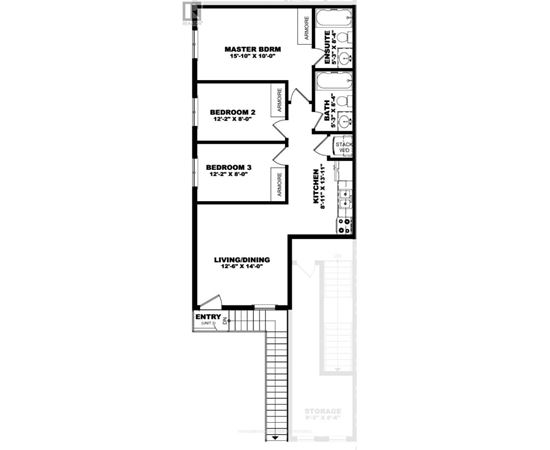 A floor plan of a house with a master bedroom, two additional bedrooms, a living/dining area, and a kitchen.
