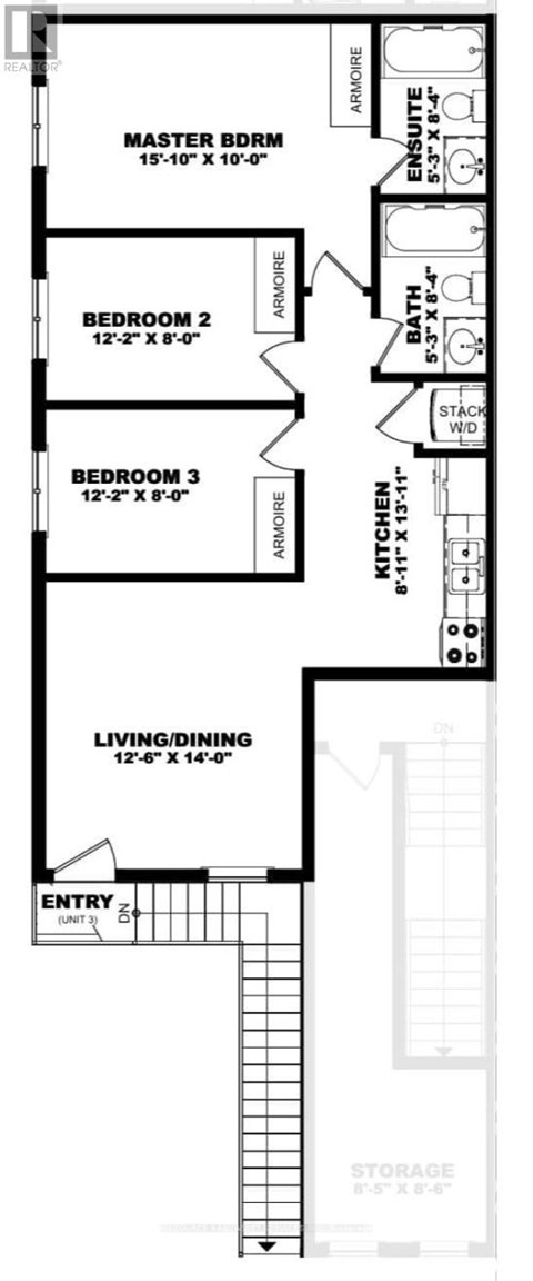 A floor plan of a house with a master bedroom, two additional bedrooms, a living/dining area, and a kitchen.