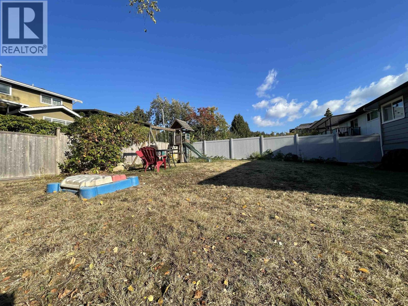 A backyard with a blue and red object on the grass.