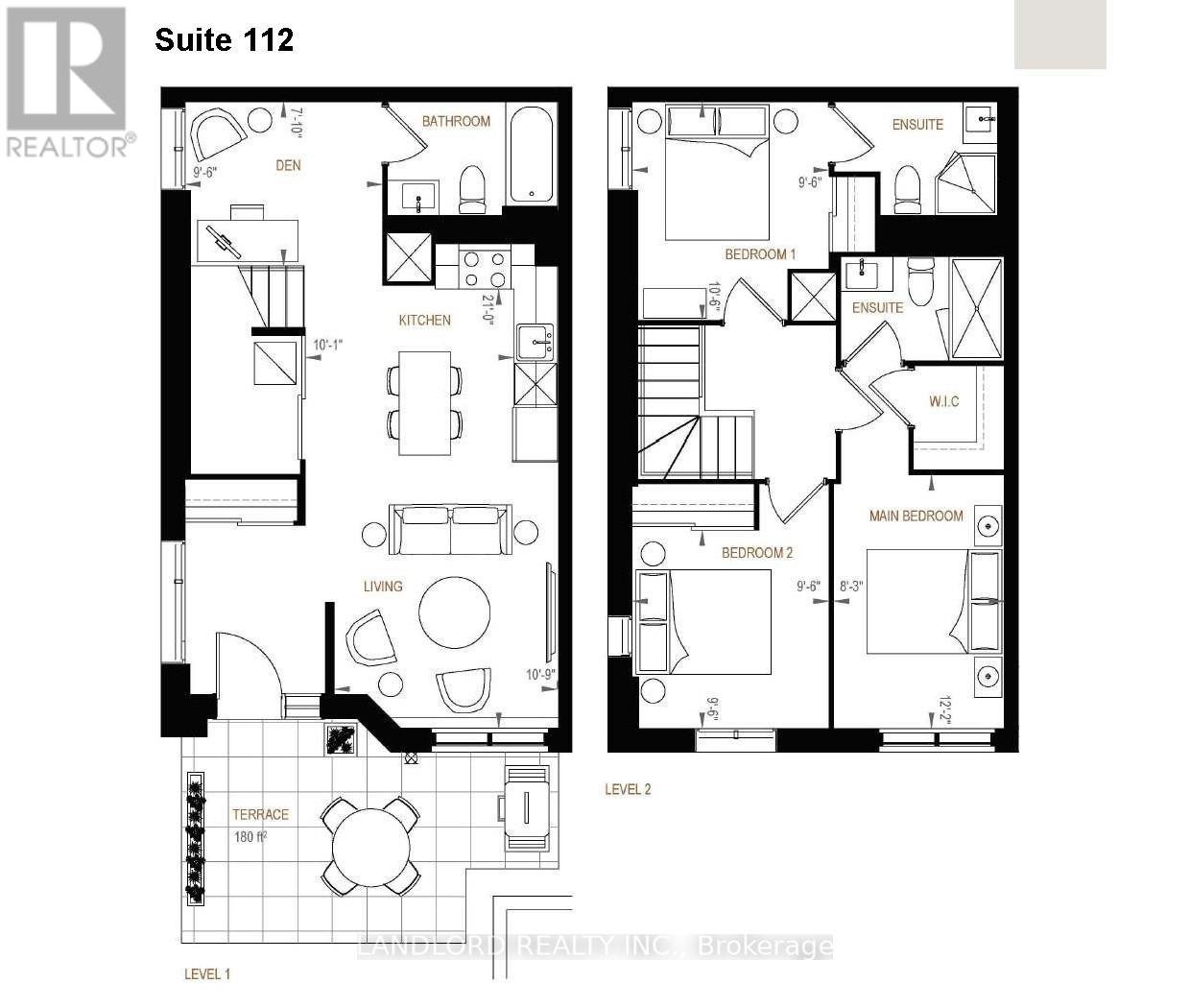 A floor plan for Suite 112 shows two levels with a living room, bedrooms, a bathroom, and a terrace.