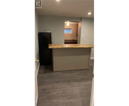 A kitchen with a black refrigerator and a wooden counter.