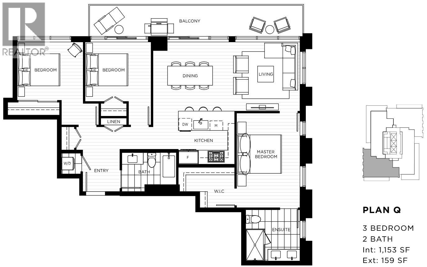 A black and white image of a floor plan for a 3 bedroom apartment.