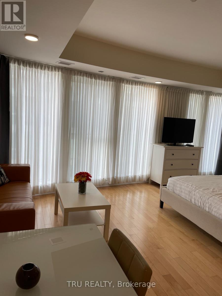 A bedroom with a bed, a dresser, a couch, and a television.