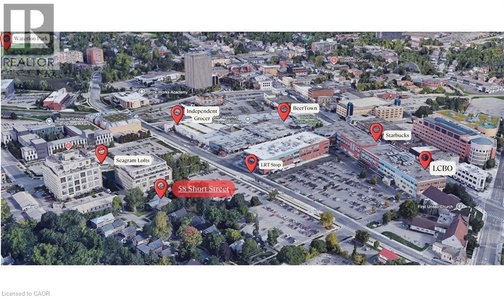 An aerial view of a city with buildings and streets labeled.