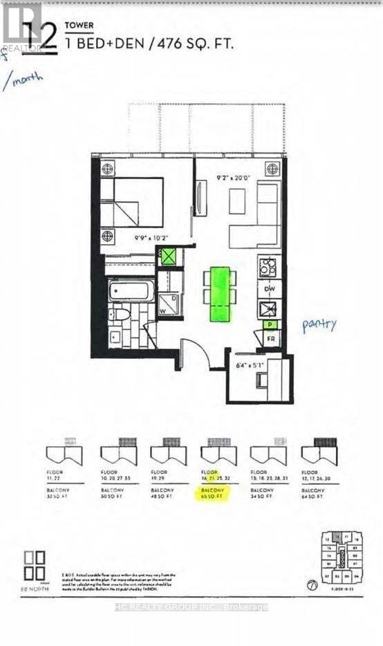 A floor plan of a 1 bedroom, den apartment with 476 square feet.