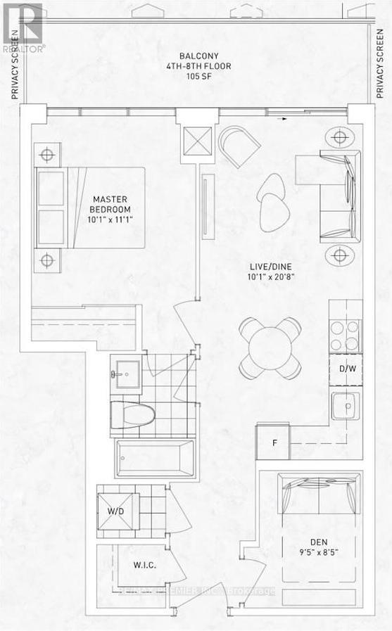 A floor plan of a house with a master bedroom, a living/dining area, and a den.