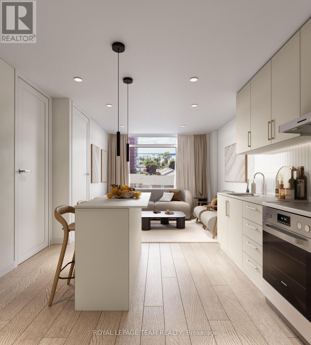 A modern kitchen with a dining table and chairs.