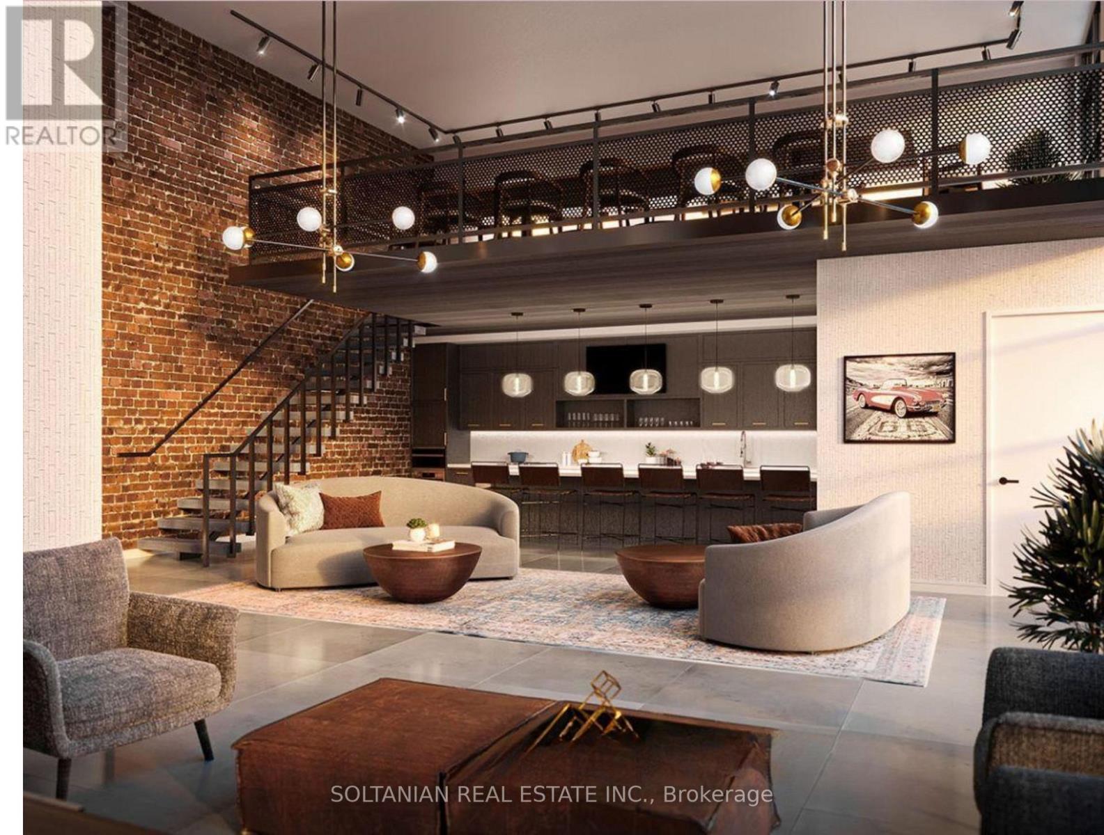 A modern living room with a staircase and a fireplace.