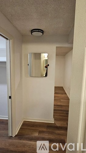 A hallway with a mirror and a light fixture on the ceiling.