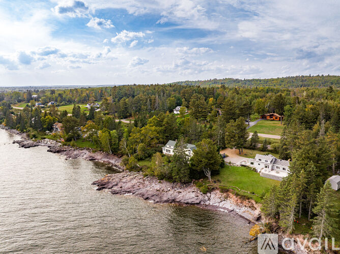 A bird's eye view of a coastal area with houses and trees.