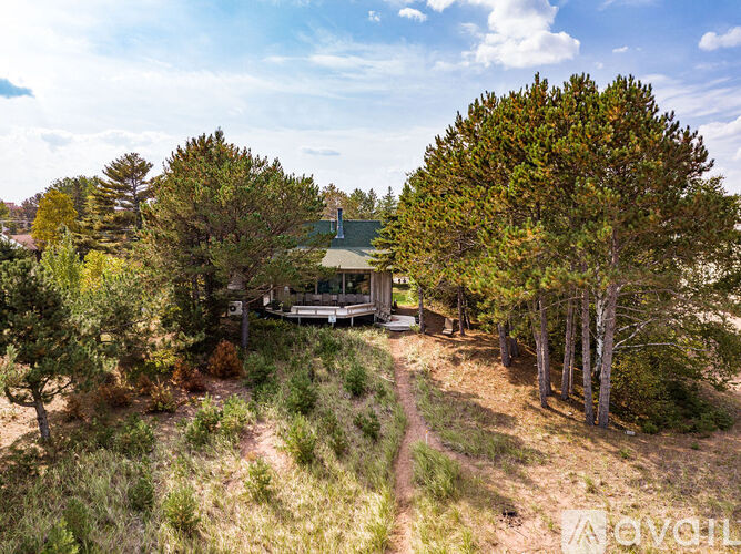 A cabin is surrounded by trees and has a green roof.