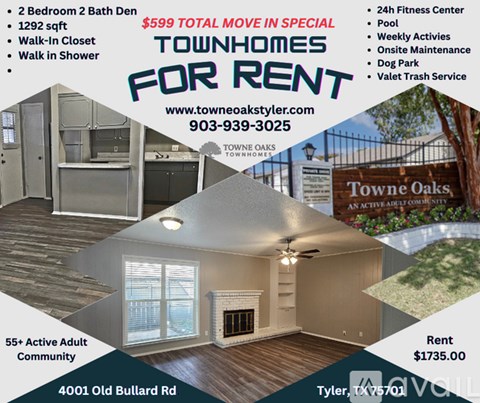 A flyer advertises a 2 bedroom, 2 bath townhome for rent in the Towne Oaks community.