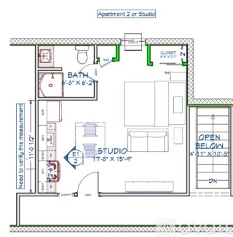 Apartment 2 or Studio floor plan with a bath and a studio.