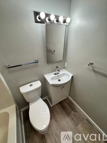 A bathroom with a toilet, sink, mirror, and lights.