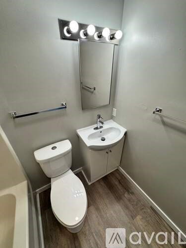 A bathroom with a toilet, sink, mirror, and lights.