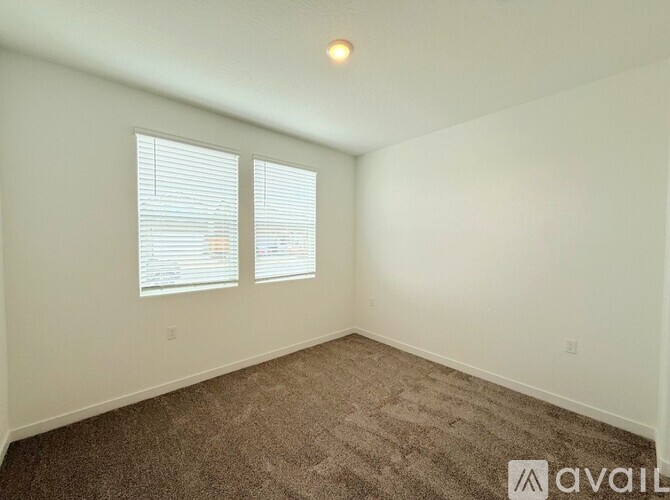 A room with carpeted floor and two windows.