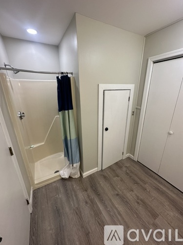 A bathroom with a walk-in shower and a white door.