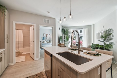 A modern kitchen with a sink, cabinets, and a large window.