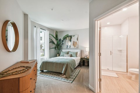 A bedroom with a bed, a dresser, and a mirror.