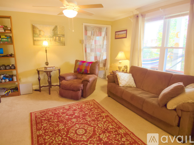A living room with a brown couch and a red rug.