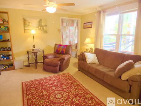 A living room with a brown couch and a red rug.