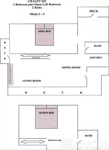 A diagram shows the layout of a Chalet #22 with one bedroom, two bathrooms, and a deck.