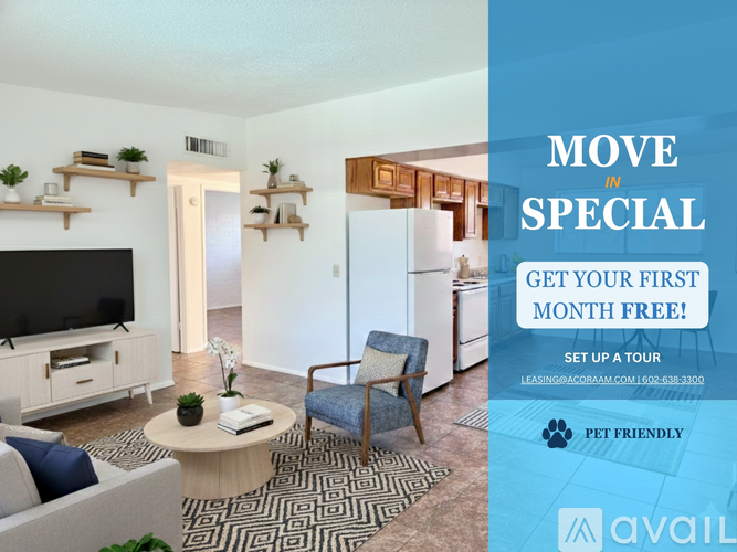 A living room with a sofa, a coffee table, a TV, and a chair is on offer for rent.
