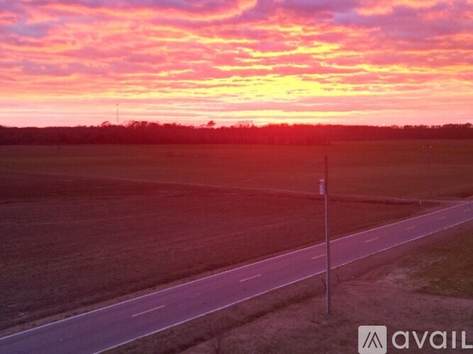 A road stretches into the distance under a vibrant sunset sky.