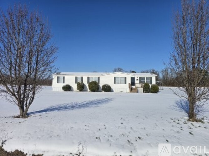 A house with a white exterior is surrounded by snow and leafless trees.
