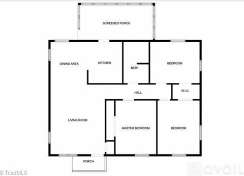 A floor plan of a house with a screened porch, dining area, kitchen, living room, master bedroom, two bedrooms, a bath, a hall, and a workshop.