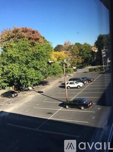 A parking lot with cars and trees.