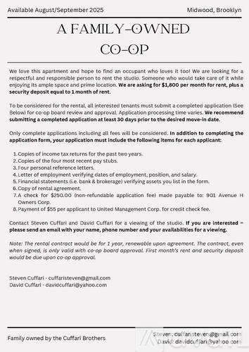 A flyer for a family-owned co-op apartment in Midwood, Brooklyn.