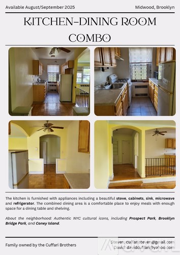 A flyer for a kitchen-dining room combo is available in August/September 2025 for Midwood, Brooklyn.