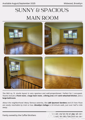 A flyer for a sunny and spacious main room available in August/September 2025 in Midwood, Brooklyn.