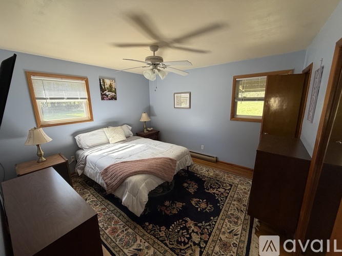 A bedroom with a bed, a ceiling fan, and a rug.