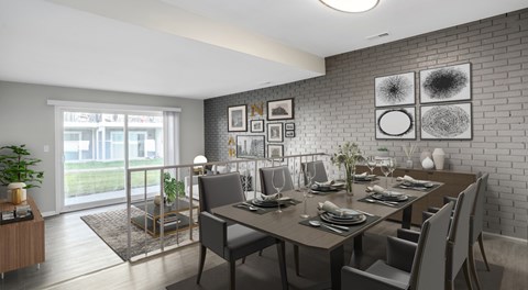 A modern dining room with a large table set for six.