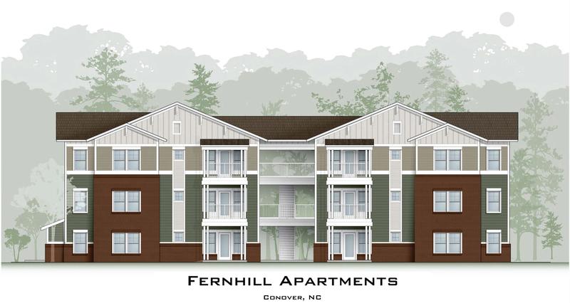 A rendering of a multi-story apartment complex called Fernhill Apartments.