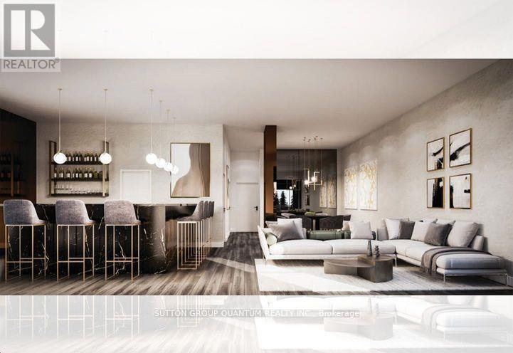 A modern living room with a large sofa, a coffee table, and a bar area.