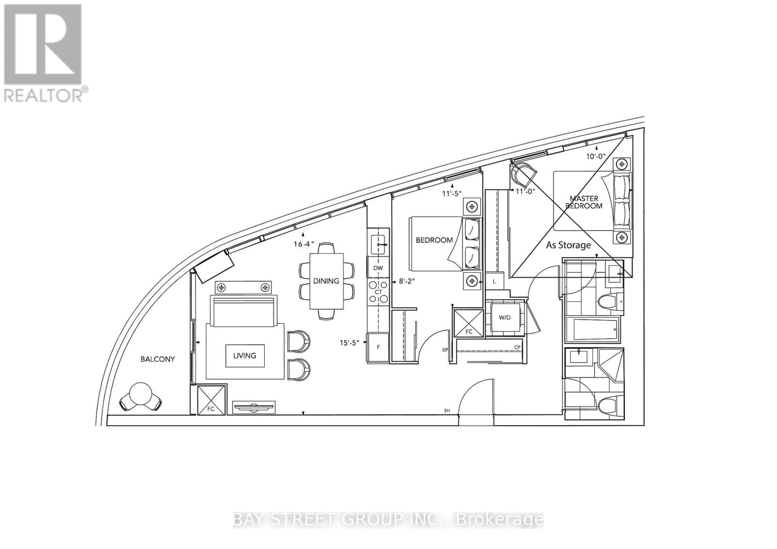 A floor plan of a one bedroom apartment with a balcony.