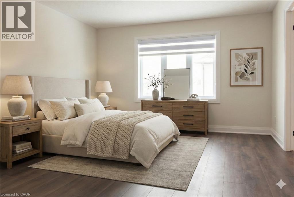 A bedroom with a bed, nightstands, and a window.