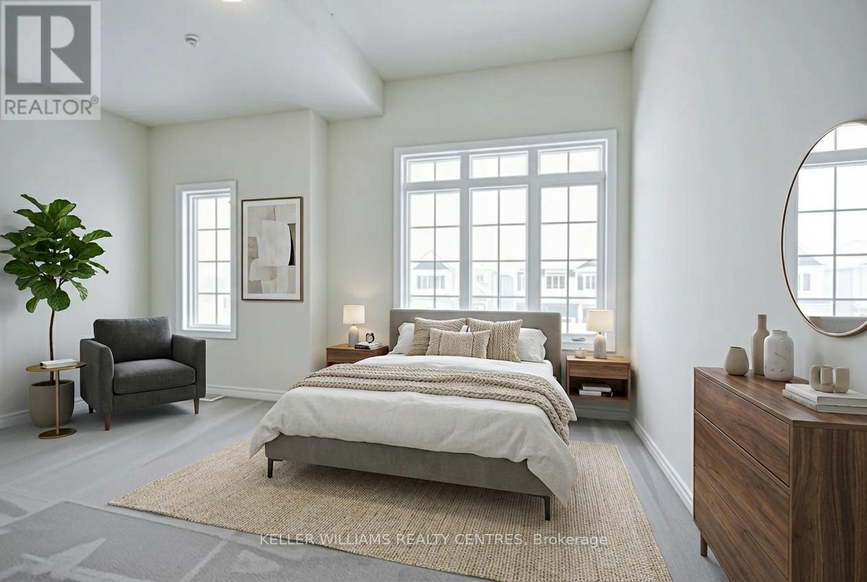 A bedroom with a large bed, a chair, and a plant.