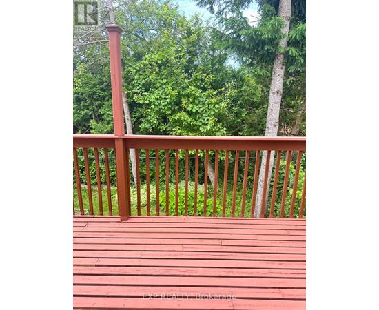 A red wooden deck with a railing and trees in the background.