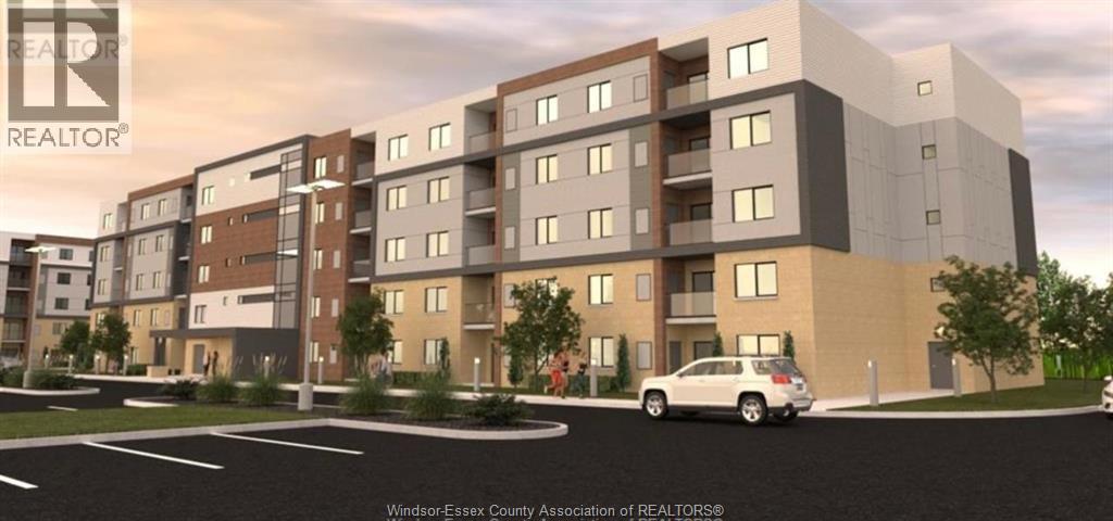 A rendering of a modern apartment complex with a car parked in front.