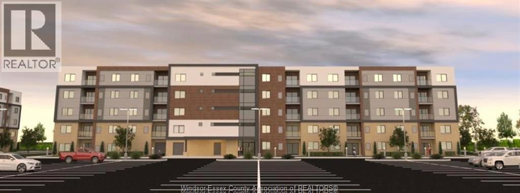 A rendering of a multi-story apartment complex with a parking lot in front.